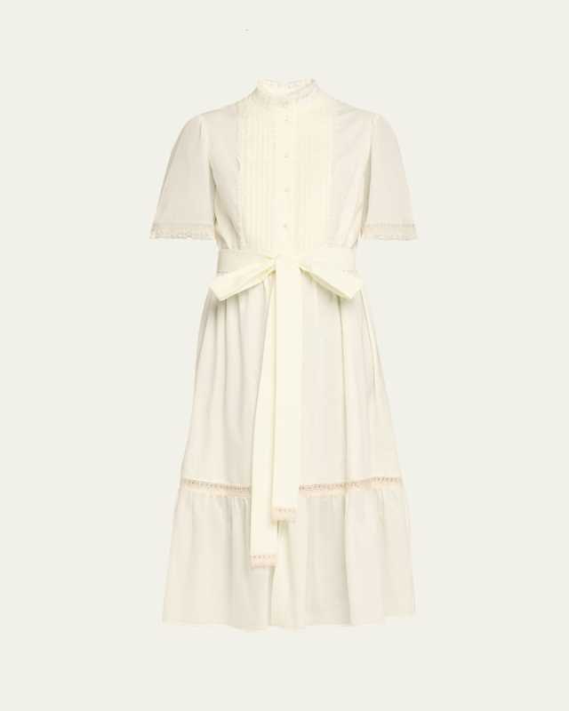 Short-Sleeve Belted Lace-Trim Shirtdress